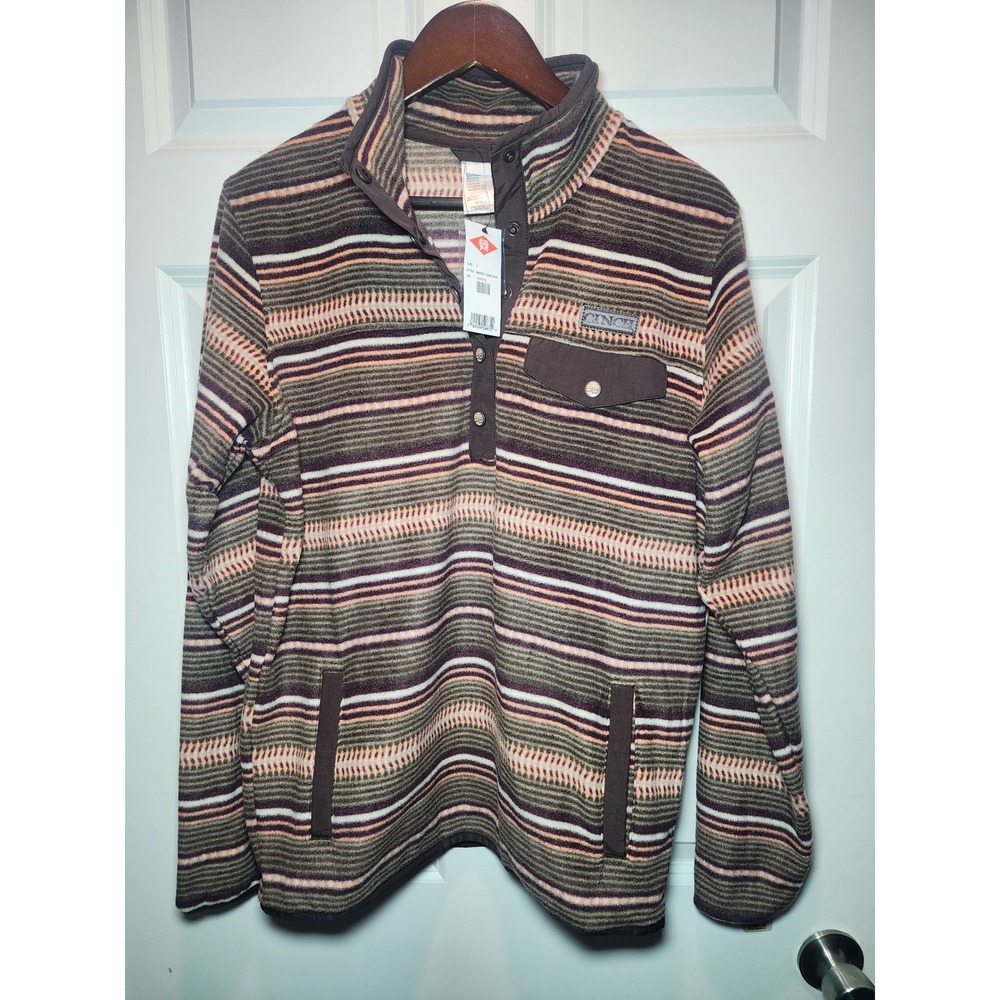 Cinch Women Polar Fleece Pullover Striped Snap Neck Brown Orange Large NEW